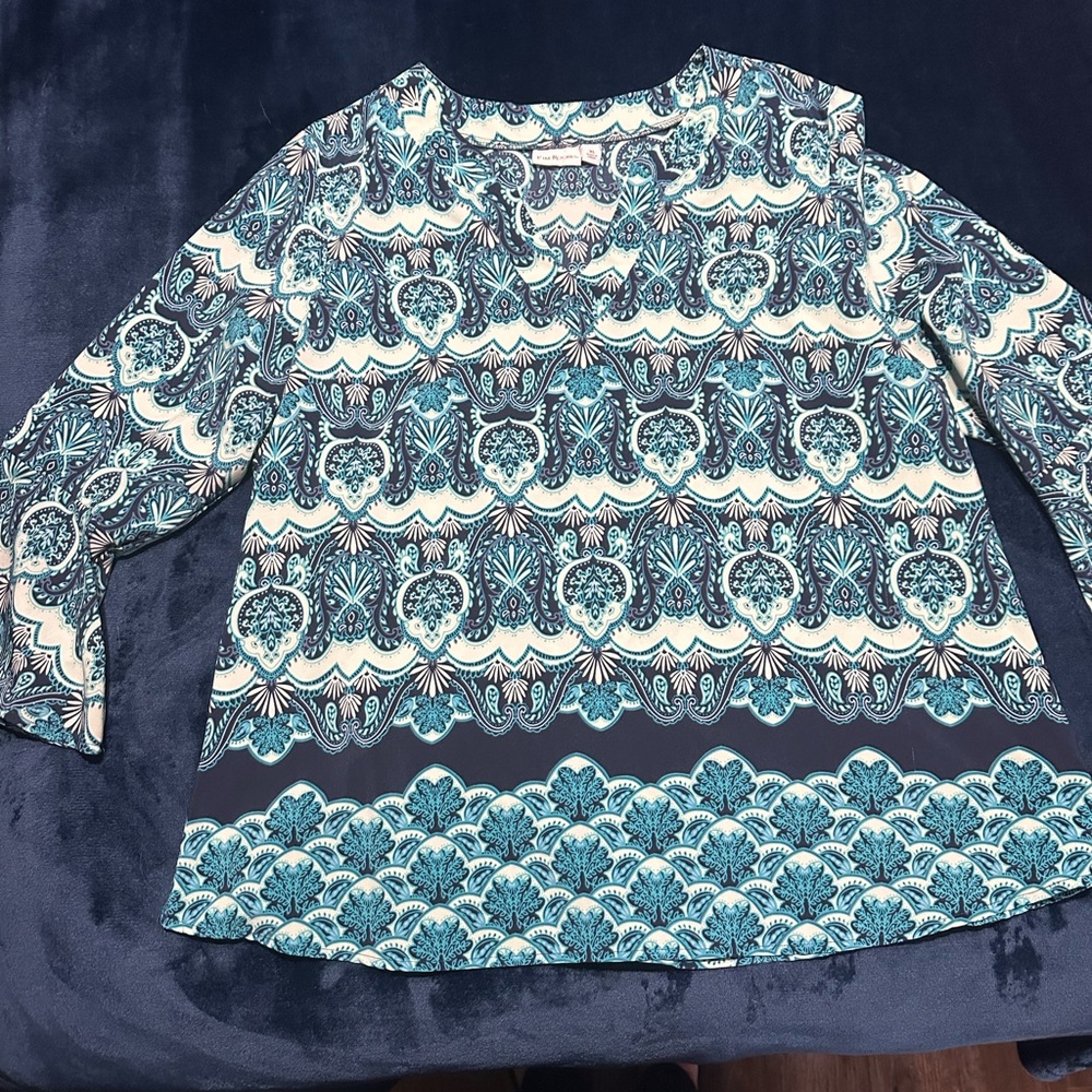 Kim Rogers Blue and White Boxy Blouse with Mandarin Collar